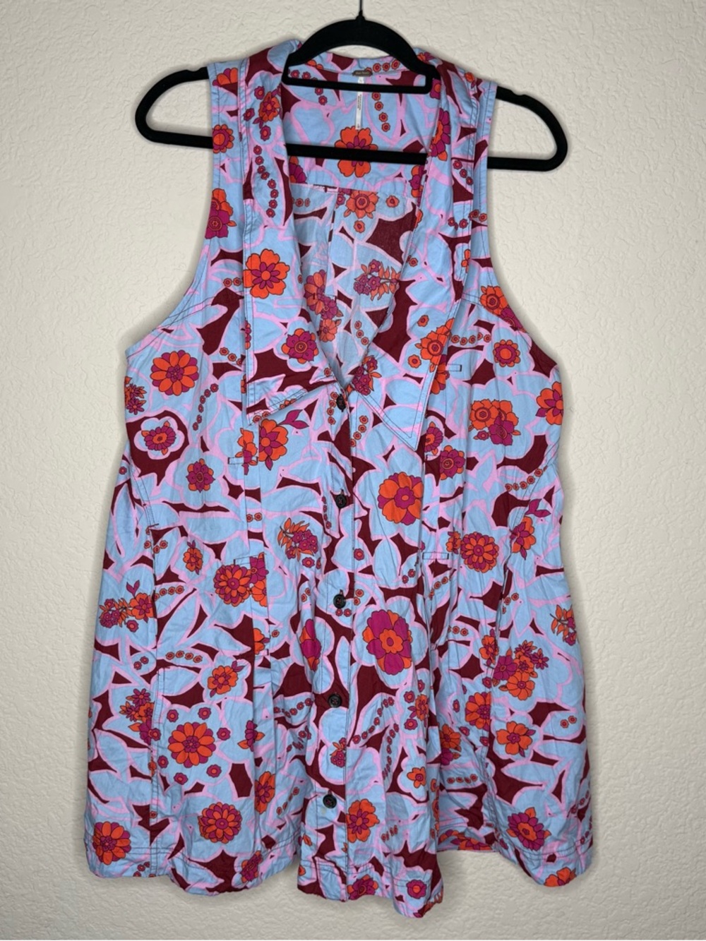 Free People Blue Floral Sleeveless Mini Dress Collared Button Down Size Large